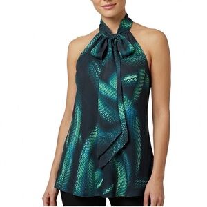 MILLY Snake Print Bow Tie Neck Halter Top 12 Green Blue Black Party Glam Party